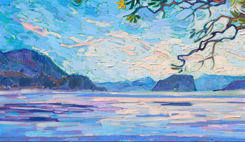 When I visited the San Juan Islands in Washington on a recent photo safari, my goal was to find as many paintable madrone trees as possible. This painting captures some of my favorite madrones, which I found on Orcas Island. I love the way their red, flaky bark looks against the Northwestern backdrop of blues and greens. I used thick, expressive brushstrokes of oil paint to capture a feeling of movement and transient light.
