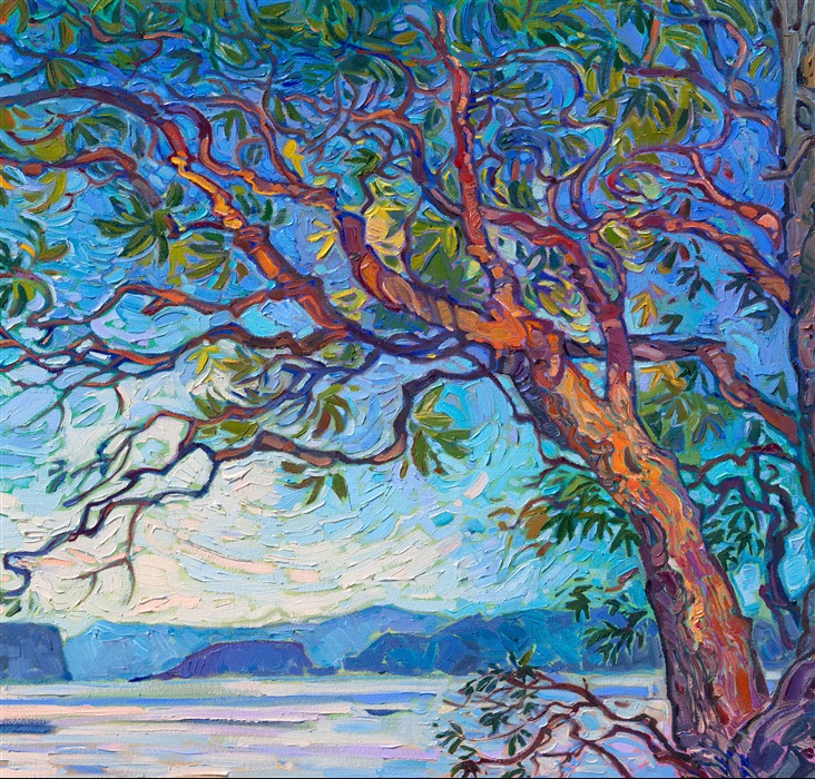 When I visited the San Juan Islands in Washington on a recent photo safari, my goal was to find as many paintable madrone trees as possible. This painting captures some of my favorite madrones, which I found on Orcas Island. I love the way their red, flaky bark looks against the Northwestern backdrop of blues and greens. I used thick, expressive brushstrokes of oil paint to capture a feeling of movement and transient light.