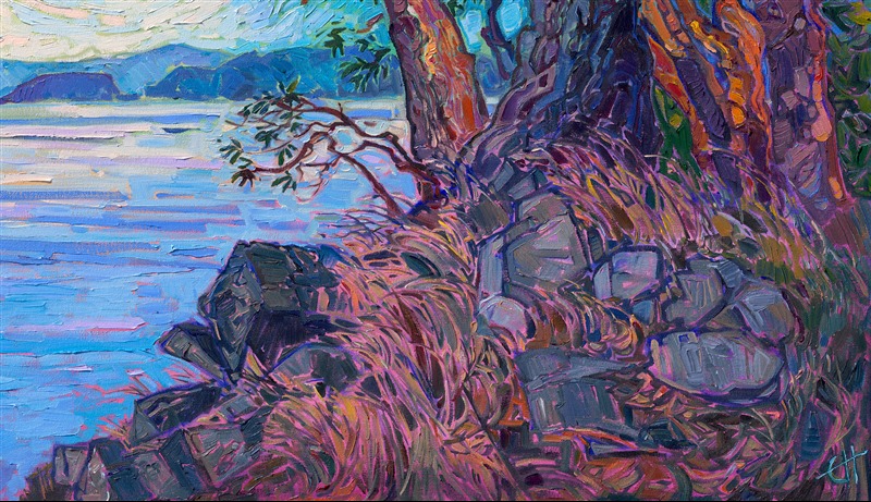 When I visited the San Juan Islands in Washington on a recent photo safari, my goal was to find as many paintable madrone trees as possible. This painting captures some of my favorite madrones, which I found on Orcas Island. I love the way their red, flaky bark looks against the Northwestern backdrop of blues and greens. I used thick, expressive brushstrokes of oil paint to capture a feeling of movement and transient light.