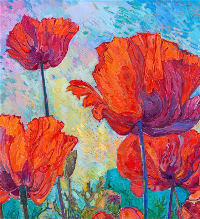 Every spring for the past five years, I have driven past a group of the largest red poppies I have ever seen, in an unassuming yard in McMinnville, Oregon. This year, I finally stopped and photographed them during the perfect golden-hour light. When I spoke to the homeowner, he told me he had planted these poppies over 50 years ago! Each year, they grew larger and larger, with blooms now as large as two of my hands held together. I knew I had to capture these scarlet poppies on a canvas large enough to convey the emotional impact they had on me. 