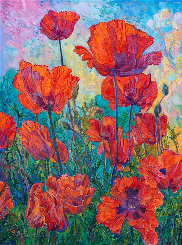 Every spring for the past five years, I have driven past a group of the largest red poppies I have ever seen, in an unassuming yard in McMinnville, Oregon. This year, I finally stopped and photographed them during the perfect golden-hour light. When I spoke to the homeowner, he told me he had planted these poppies over 50 years ago! Each year, they grew larger and larger, with blooms now as large as two of my hands held together. I knew I had to capture these scarlet poppies on a canvas large enough to convey the emotional impact they had on me. 