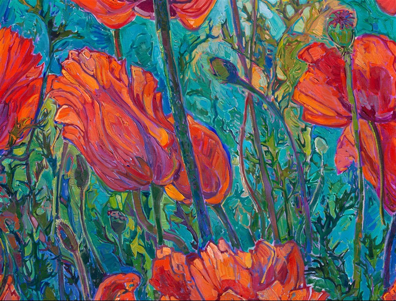 Every spring for the past five years, I have driven past a group of the largest red poppies I have ever seen, in an unassuming yard in McMinnville, Oregon. This year, I finally stopped and photographed them during the perfect golden-hour light. When I spoke to the homeowner, he told me he had planted these poppies over 50 years ago! Each year, they grew larger and larger, with blooms now as large as two of my hands held together. I knew I had to capture these scarlet poppies on a canvas large enough to convey the emotional impact they had on me. 