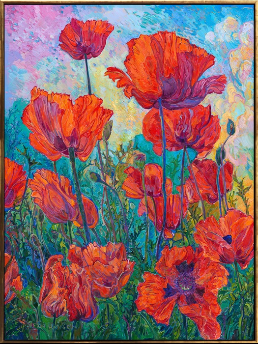 Every spring for the past five years, I have driven past a group of the largest red poppies I have ever seen, in an unassuming yard in McMinnville, Oregon. This year, I finally stopped and photographed them during the perfect golden-hour light. When I spoke to the homeowner, he told me he had planted these poppies over 50 years ago! Each year, they grew larger and larger, with blooms now as large as two of my hands held together. I knew I had to capture these scarlet poppies on a canvas large enough to convey the emotional impact they had on me. 