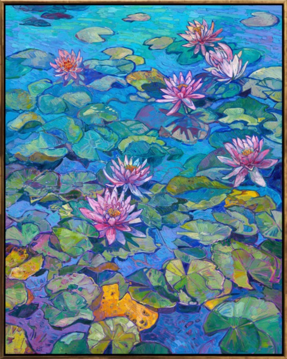 After visiting Monet's garden in Giverny last summer, I traveled south in search of the original water lily gardens that first inspired Monet and supplied him with his water lily plants. The Latour-Mariac water lily farm was incredible--there were thousands of varieties and colors of water lilies--in fact, this is where the original non-white, cold-hardy water lilies were bred. The colorful pastel hues of the new varieties became hugely popular across Europe, and Monet played a large part in popularizing their delicate blooms. To me, this painting of Latour-Mariac water lilies encapsulates the history of the water lily image in impressionism.</p><p>NOTE: "Seranade of Blooms" will be on display at the Four Seasons hotel in Las Vegas until May 18th, 2025. You may purchase this original painting now, and we will ship it to you at the end of May.