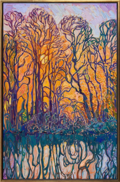 The sun sets behind enormous oak trees that grow along my property line in Oregon wine country. The creek bed reflects the shapes of their branches in the golden light of the setting sun. Thick brushstrokes of oil paint capture the colorful beauty of the scene.