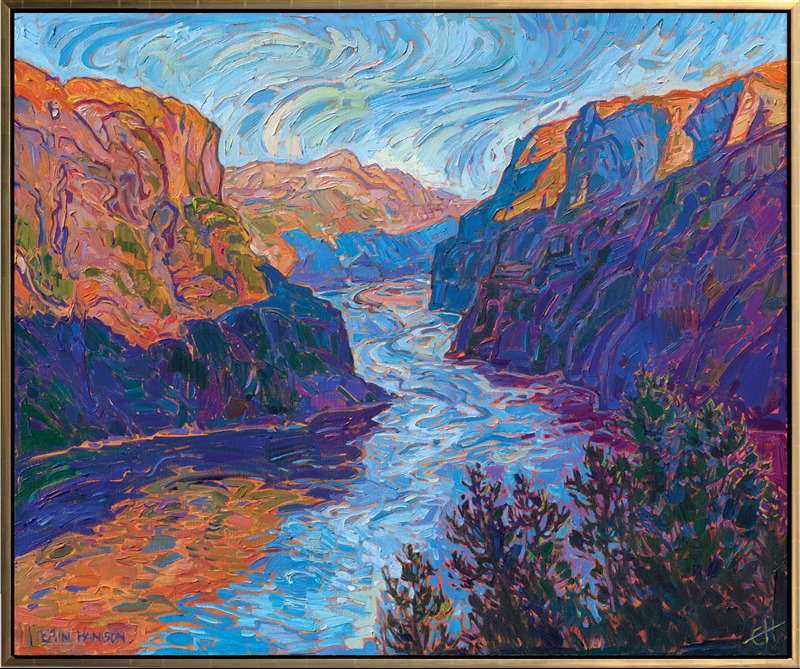 One of my favorite views in Norway was from the famous Stegastein. This painting captures the dawn light seeping down in the steep fjords, alive with the motion of color.