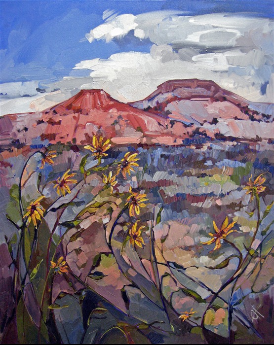 A soft blend of desert colors captures the Canyonlands National Park. The brush strokes in this painting are thick and impressionistic. 

This early Erin Hanson work is now available on consignment.