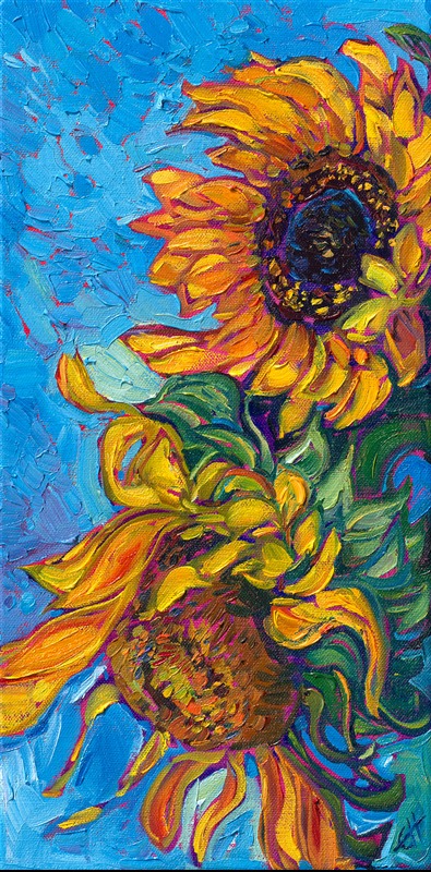 Sunny sunflowers glitter with glamorous golds in this impressionist oil painting by Erin Hanson. Thick brushstrokes of oil captures the movement and vivacity of these blooms.