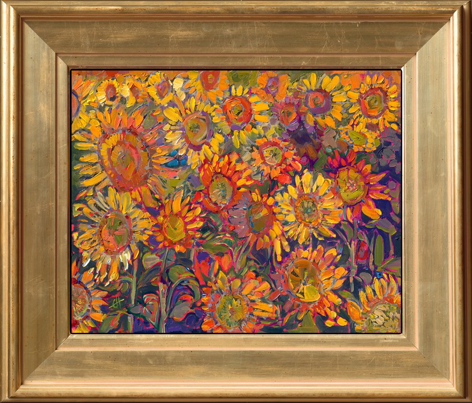 This impressionist painting of sunflowers was inspired by Provence, France. The golden blooms caught the first rays of morning light, one of the most beautiful things I have ever seen. I wandered through the sunflower field during the quiet dawn hour, taking endless photos to use as inspiration for paintings when I returned home.</p><p>This painting was created with 24kt gold leaf incorporated into the underpainting. The genuine gold peeks through the brushstrokes and catches the light.