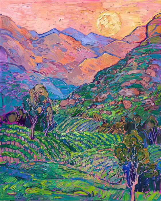California vines climb towards a rising moon, in this painting by Erin Hanson. Thick, impressionistic brushstrokes capture the vivacious colors and beauty of the scene.