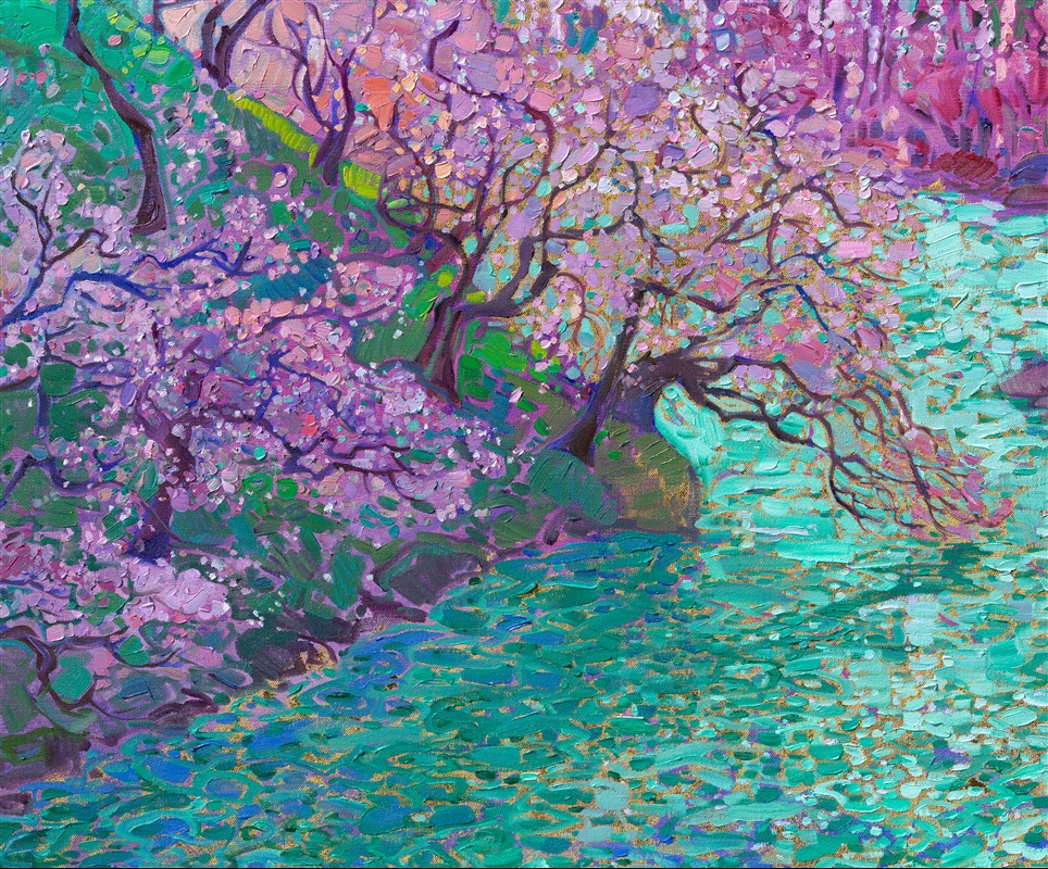 This painting of Japanese cherry blossoms captures the beautiful white and pink hues of cherry trees against viridian waters. This oil painting was created with 24kt gold leaf applied to the canvas underpainting. The gold leaf glints and glitters subtly between the brushstrokes, catching the light and making the painting feel alive with motion.</p><p>This painting will be on display for The Gold Leaf Show at The Erin Hanson Gallery in McMinnville, Oregon. All are invited to the artist reception on Saturday, November 21st, 2026. Experience van Gogh meets Klimt in Erin Hanson's iconic Open Impressionism style. (You may purchase the painting now, but it will ship after the exhibition on November 21st.)