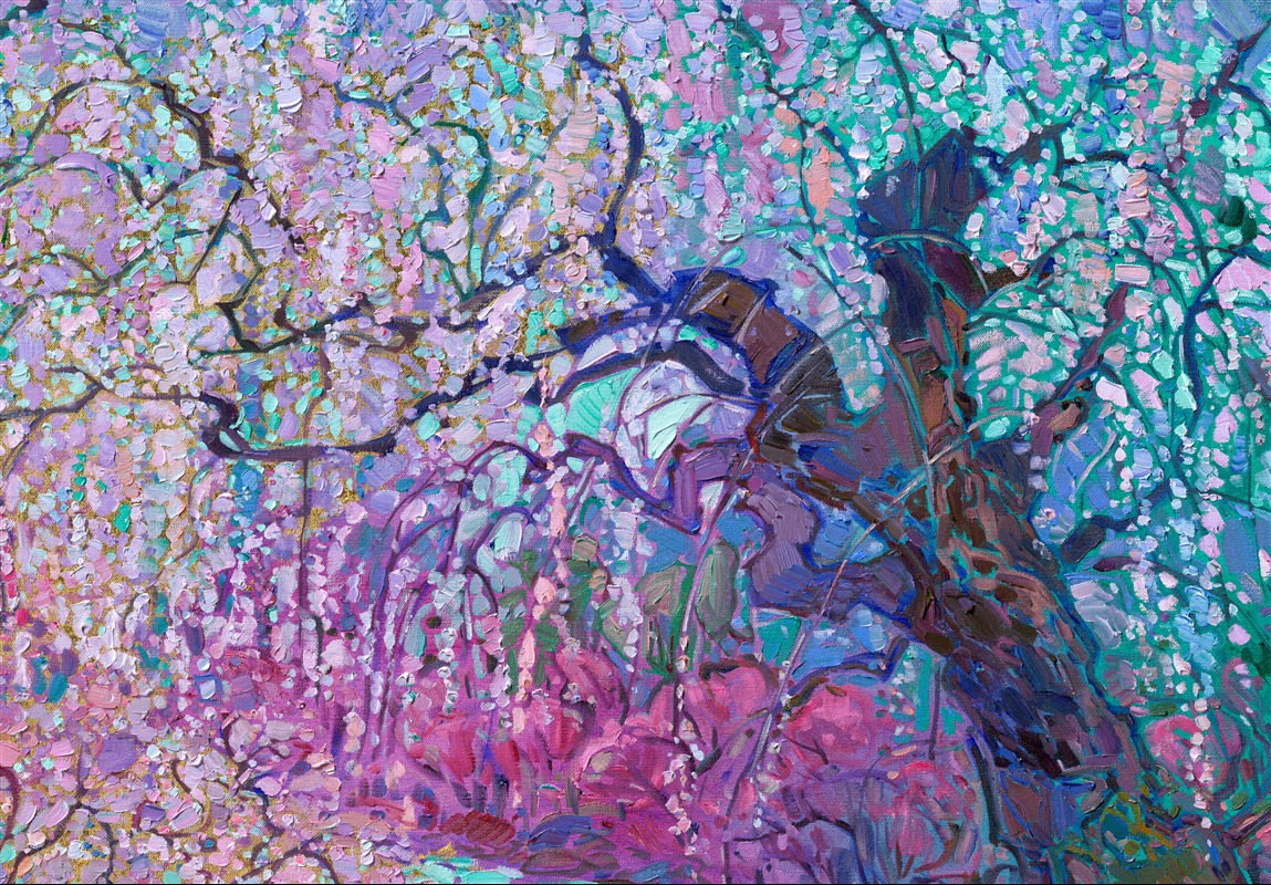 This painting of Japanese cherry blossoms captures the beautiful white and pink hues of cherry trees against viridian waters. This oil painting was created with 24kt gold leaf applied to the canvas underpainting. The gold leaf glints and glitters subtly between the brushstrokes, catching the light and making the painting feel alive with motion.</p><p>This painting will be on display for The Gold Leaf Show at The Erin Hanson Gallery in McMinnville, Oregon. All are invited to the artist reception on Saturday, November 21st, 2026. Experience van Gogh meets Klimt in Erin Hanson's iconic Open Impressionism style. (You may purchase the painting now, but it will ship after the exhibition on November 21st.)