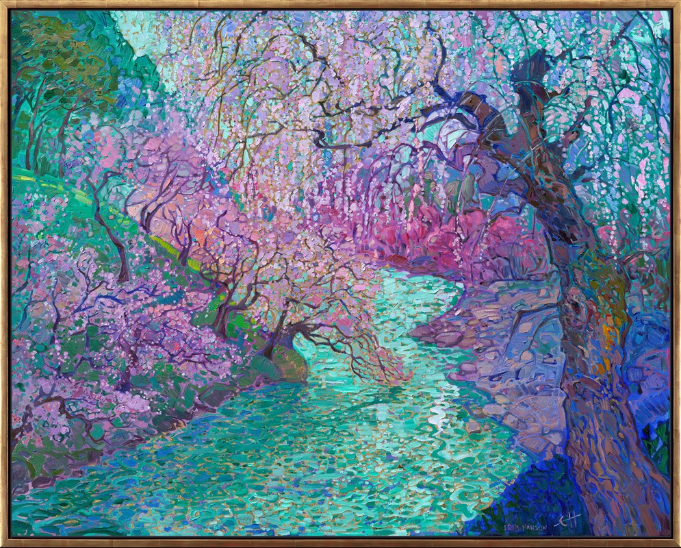 This painting of Japanese cherry blossoms captures the beautiful white and pink hues of cherry trees against viridian waters. This oil painting was created with 24kt gold leaf applied to the canvas underpainting. The gold leaf glints and glitters subtly between the brushstrokes, catching the light and making the painting feel alive with motion.</p><p>This painting will be on display for The Gold Leaf Show at The Erin Hanson Gallery in McMinnville, Oregon. All are invited to the artist reception on Saturday, November 21st, 2026. Experience van Gogh meets Klimt in Erin Hanson's iconic Open Impressionism style. (You may purchase the painting now, but it will ship after the exhibition on November 21st.)