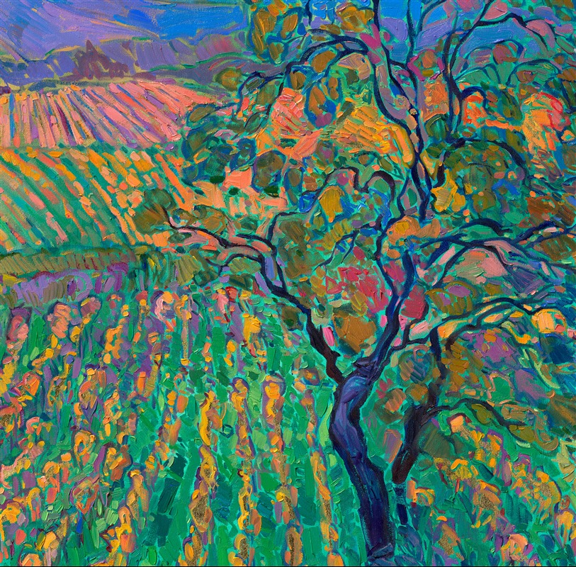 Inspired by the view from the Newberg hills, looking down over the Willamette Valley towards the coastal range, this painting captures the beauty of Oregon's wine country. Not only does this region produce incredible pinots, but the scenery is worth traveling to see. </p><p>This painting has an extra layer of light—the oil painting was created on 24kt gold leaf, applied directly over the underpainting. The gold leaf glints subtly behind the strokes of oil paint, catching the light and giving the illusion of moving water.