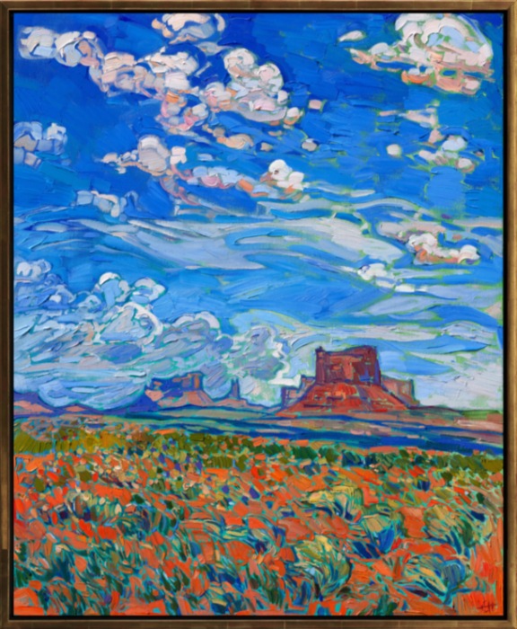 The last time I visited the Four Corners region of the Colorado Plateau was several years ago. The big, beautiful blue sky was full of white fluffy clouds--the perfect high desert weather. I took photos of Monument Valley from a few miles away, watching the clouds pass shadows over the red rock buttes below. I printed this photo when I returned from my trip, and I have been wanting to paint it ever since. When I paint, I try to recapture what it felt like to actually stand there, my feet sinking into the warm, soft red sand, a breeze ruffling my hair, squinting into the sky, and feeling surrounded by beautiful color 360 degrees around me.