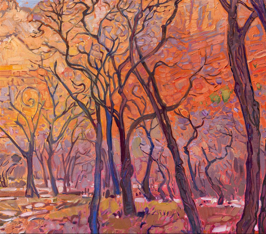 The magical light of Zion National Park in the wintertime is captured in this oil painting by Erin Hanson. The landscape is quiet, all sounds muffled by a recent snowfall. The delicate hues of orange and gold seem to glow with a light of their own. Each brushstroke feels fresh and alive, capturing the timeless beauty of the scene.