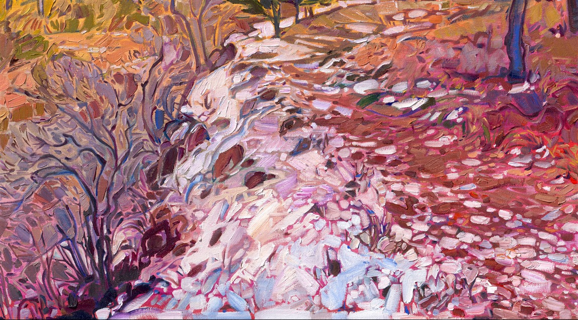 The magical light of Zion National Park in the wintertime is captured in this oil painting by Erin Hanson. The landscape is quiet, all sounds muffled by a recent snowfall. The delicate hues of orange and gold seem to glow with a light of their own. Each brushstroke feels fresh and alive, capturing the timeless beauty of the scene.
