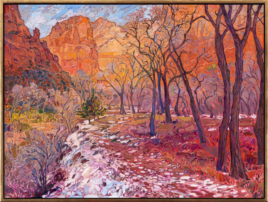 The magical light of Zion National Park in the wintertime is captured in this oil painting by Erin Hanson. The landscape is quiet, all sounds muffled by a recent snowfall. The delicate hues of orange and gold seem to glow with a light of their own. Each brushstroke feels fresh and alive, capturing the timeless beauty of the scene.
