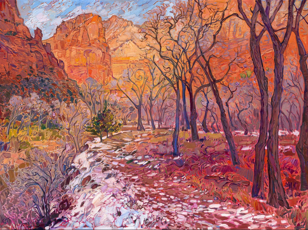 The magical light of Zion National Park in the wintertime is captured in this oil painting by Erin Hanson. The landscape is quiet, all sounds muffled by a recent snowfall. The delicate hues of orange and gold seem to glow with a light of their own. Each brushstroke feels fresh and alive, capturing the timeless beauty of the scene.