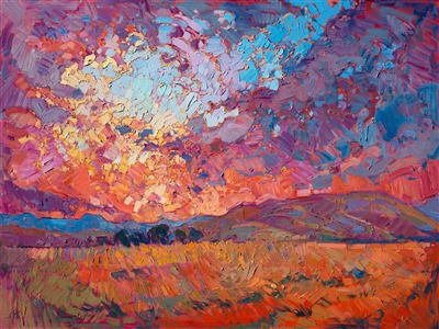 This oil painting captures a vivid sunset over the rolling hills of a pastoral landscape. The thick mosaic brushstrokes fill the canvas with light and ever-shifting shades of the setting sun. This painting is a beautiful representation of Open Impressionism.