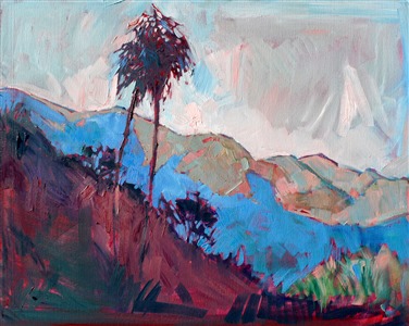 A pop of color shapes the ocean-side cliffs of Malibu, California, the sky-darkened palms stretching into the sky. Loose brush strokes capture the movement and life of the moment.