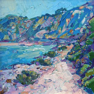 This painting of Palos Verdes brings back memories of an early morning stroll along a quiet beachside. The cool shadows are an inviting contrast against the warm white sand. The painting has evocative, energetic brush strokes that form a mosaic of color across the canvas.

This painting arrives framed in a Mayen Olson hand-carved frame, ready to hang.