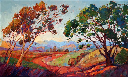 Afternoon colors of California are captured in bold impasto brush strokes. This colorful painting will be hung in the Children's wing of a new Orange County Kaiser hospital building.
