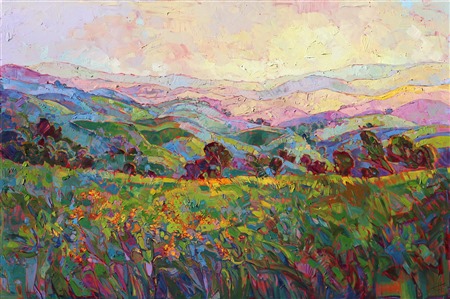 Mosaic light covered these rolling hills of Paso Robles, in central California. This painting was inspired by a horseback riding trip through the hills in eastern Paso Robles. At the peak, I could see layers upon layers of hills stretching on all sides into the distance. The setting sun cast brilliant hues of color through the moisture-rich atmosphere, making each layer of hills a different shade.

This painting was an Artavita first place contest winner and was featured in the World Wide Art Los Angeles convention in 2014.