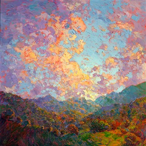 A burst of dawn color is captured in this modern impressionist oil painting.  The lively clouds seem to dance across the tops of the green, rolling hills. Each brush stroke of thickly applied paint forms an abstract mosaic of color and texture across the canvas.

This painting was created on a gallery-depth canvas with the painting continued around the edges. The painting arrives in a beautiful hardwood floater frame, ready to hang. 