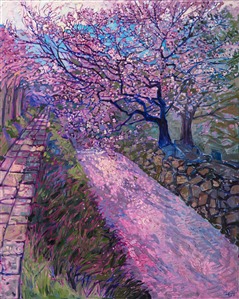 Pink cherry blossom petals fall to the ground, blanketing the ground in a soft pink carpet. The delicate branches of the cherry tree stretch into the sky, silhouetted by the distant blue mountain. This painting was inspired by Philosopher's Path, in Kyoto, Japan. 

This painting was done on 1-1/2" canvas, with the edges of the canvas painted. The piece will be framed in a gold floater frame and it arrives ready to hang.