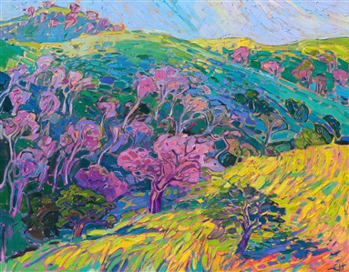 The rolling hills of northern California's wine country are captured in loose, expressive brush strokes, and vibrant expressionistic color. The movement within the painting draws the eye and engages the senses. The thick, luscious paint application has an almost edible appeal.

"Turquoise Spring" is an original oil painting of Mariposa, California, near Yosemite. The painting was created on gallery-depth canvas and the piece arrives framed in a contemporary gold floater frame, ready to hang.