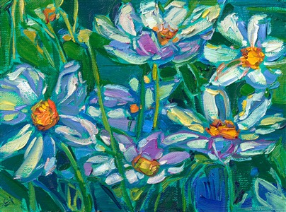 Impressionism hues of nature are captured in rhythmic brush strokes. The delicate white blooms are a beautiful contrast to the verdant greenery behind them.

"Petite Blooms" is an original oil painting on linen board. The piece arrives framed in a wide, burnished silver frame, ready to hang.

This painting will be displayed at Erin Hanson's annual <a href="https://www.erinhanson.com/Event/ErinHansonSmallWorks2022" target=_"blank"><i>Petite Show</a></i> on November 19th, 2022, at The Erin Hanson Gallery in McMinnville, OR.