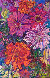 A cluster of cultivated blooms glows with vibrant color in this oil painting by Erin Hanson. The curving, impressionistic brush strokes are reminiscent of van Gogh or Monet. The painting captures all the beauty of springtime with confident, expressive strokes.