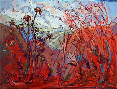 Rich reds bring the autumn colors of Paso Robles to life in this original oil painting. The distant rolling hills of coastal California appear in layers of pastel behind the thistles and wild grasses. The brush strokes are thick and impressionistic.