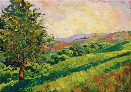 Paso Robles in the spring is a treat for the senses. All the golden hills turn bright apple green, stretching as far as the eye can see, layer upon layer of changing greens. Thick brush strokes carve grassy texture out of the canvas, creating a beautiful mosaic interplay of color and light within the painting.