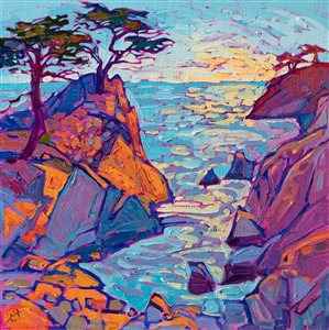 The iconic rocky landscape of Pebble Beach, near Carmel-by-the-Sea, is captured here in thick brushstrokes of oil paint and vibrant, impressionistic color. This petite oil painting arrives framed in a gold plein air frame, ready to hang.