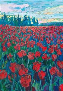 Ruby red tulips bloom in Woodburn, Oregon. The overcast sky makes the colors of the flowers even richer and more saturated. Each brush stroke is thickly applied without layering, capturing the impressionistic beauty of the scene.

"Cadmium Tulips" was created on gallery-depth canvas, and the painting arrives framed in a contemporary gold floater frame, ready to hang.