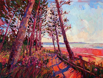 Tall Oregon pines lean into the coastline, north of Tillamook. This painting invites you to stroll down the shaded path to sink your feet in the cool, damp sand. The brush strokes are vibrant and alive, bringing a fresh new look to modern landscapes.