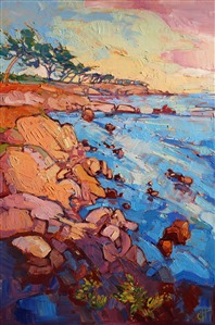 Monterey rocks burst in colors of lavender of sherbet orange in the early light of dawn. The brush strokes in this painting are loose and impressionistic.