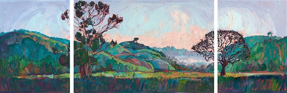 The rolling hills of Paso Robles have provided endless inspiration for Hanson over the years.  Her favorite time to paint is in the spring, with the hills turn bright green for only a month, before turning back to their usual shade of burnt gold.  This painting captures a coastal fog lifting in the early morning.

This triptych was created on three canvases, each 1-1/2" deep.  The painting is continued around the edges of each canvas, and the piece is designed to hang with 2" gaps on the wall (unframed.)


This painting was included in the exhibition <i><a href="https://www.erinhanson.com/Event/ContemporaryImpressionismatGoddardCenter" target="_blank">Open Impressionism: The Works of Erin Hanson</i></a>, a 10-year retrospective and study of the development of Open Impressionism at The Goddard Center in Ardmore, OK. 
