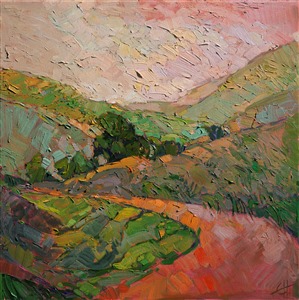 Summer colors dance in this impressionist landscape of a pastoral countryside.  The thick brush strokes capture the movement and life of the outdoors.

This painting was created on museum-depth canvas, with the painting continued around the edges of the stretched canvas. The painting arrives ready to hang, with framing optional.