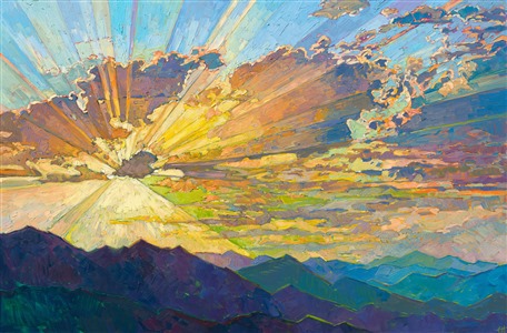 Rays of multi-colored light radiate from behind the clouds in this Western impressionism sunset painting. The distant angular mountains add a sense of rhythm as they change color into the distance.  The impasto brush strokes are thickly applied and add a textural dimension to the painting.

This painting was done on 1-1/2" canvas, with the painting continuing around the edges. The piece has been framed in a gold floater frame and arrives ready to hang.