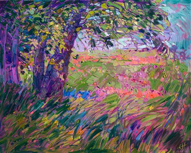 Mosaic shapes in the overhanging branches catch and reflect the sunlight in interesting patterns. The indian paintbrushes and other wildflowers dance and play in the grass.  The brush strokes in this oil painting are loose and expressive, capturing the sense of freedom of the great outdoors.