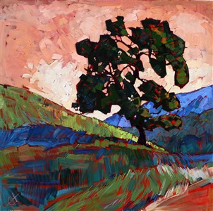 A salmon sky creates a high contrast painting of Paso Robles, California. The brush strokes are loose and impressionistic.