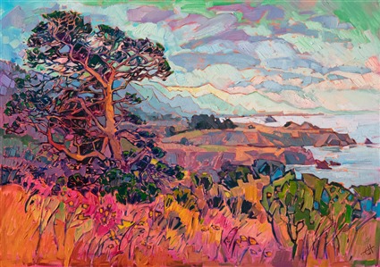 A dramatic pine stands atop a cliff overlooking the layers of coast stretching south. The morning fog still lingers over the landscape, creating a sense of atmosphere in the distance.

"Coastal Pine" was inspired by the landscape south of Mendocino, California. The brush strokes are thick and impressionistc, creating a mosaic of color and texture across the canvas. The painting arrives framed in a contemporary gold floater frame.