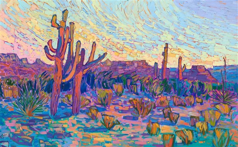 This painting of Arizona saguaros celebrates the vibrant colors of the southwest. The thick, impressionistic brush strokes create a mosaic of color and texture across the canvas, pulling your eye through the painting so that you become immersed in imagination.

"Saguaro Hues" is an original oil painting created on gallery-depth canvas. The piece arrives framed in a contemporary gold floater frame, ready to hang. 

_____ 

<b>Did you know…?</b>

* The average saguaro has a lifespan of 150 to 175 years. Biologists believe that some may live for over 200 years.
* Because of their slow growth, a saguaro often takes 50 to 70 years to grow their first arms. By the time they are 100, they typically have several arms.
* The oldest recorded saguaro grew over 40 feet tall and had 52 arms.