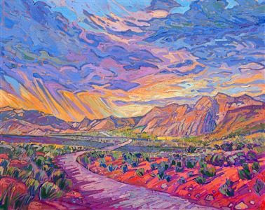 Dramatic monsoon clouds sweep over the desert mountains of northwestern Arizona. The highway winds between the dramatic shadows cast by the ever-moving clouds, disappearing into the distant mountain range. The brush strokes in this oil painting are thick and expressive, alive with color and energy.

"Desert Road" is an original oil painting on stretched canvas. The piece arrived framed in a gold floater frame finished in burnished, 23kt gold leaf.