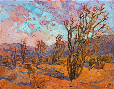 Joshua Tree National Park has a beautiful ocotillo forest in the southern end of the park.  During the spring, you can often see hundreds of these tall stately cacti covered in red blooms, stretching far into the distance.  This painting captures the vibrant color and motion of the California desert.

This painting was done on 3/4" stretched canvas, and it has been framed in a classic plein-air frame. It will arrive wired and ready to hang.