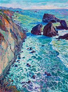 Swirling layers of foam create ever-changing patterns in the waters below. Every impressionist brush stroke communicates the movement and beauty of the coastal scene. This painting was inspired by driving south of Mendocino, California. 

"Coastal Foam" was created on 1-1/2" canvas, with the painting continued around the edges. The painting arrives framed in a custom gold floater frame.