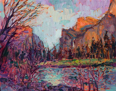 The beautiful natural colors of sunset in Yosemite are captured here in loose, expressive brush strokes.  The reflections in the water dance and sparkle, brightening up the mountain shadows.

This painting was done on 3/4" stretched canvas, and it has been framed in a genuine gold leaf, hand-carved frame that complements the colors in the painting.  Read more about the <a href="https://www.erinhanson.com/Blog?p=AboutErinHanson" target="_blank">painting's details here.</a>